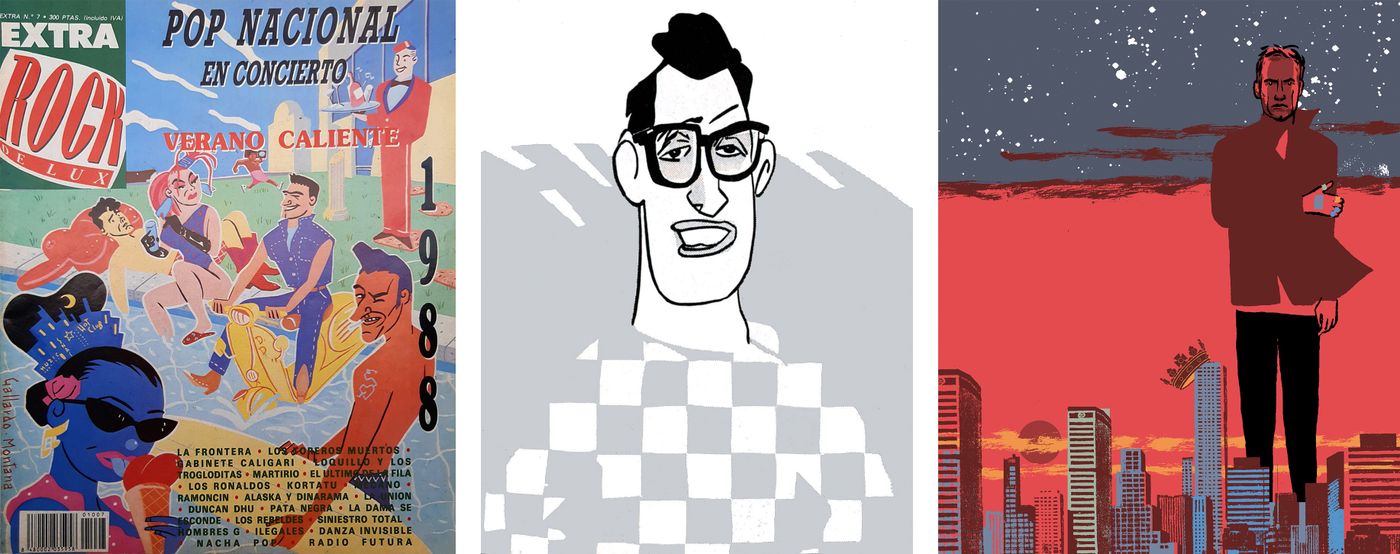 Las colaboraciones de Gallardo en Rockdelux: portada del extra del pop español (1988), caricatura de Buddy Holly (1986) e ilustración de la canción “Viva la vida“ de Coldplay (2009).