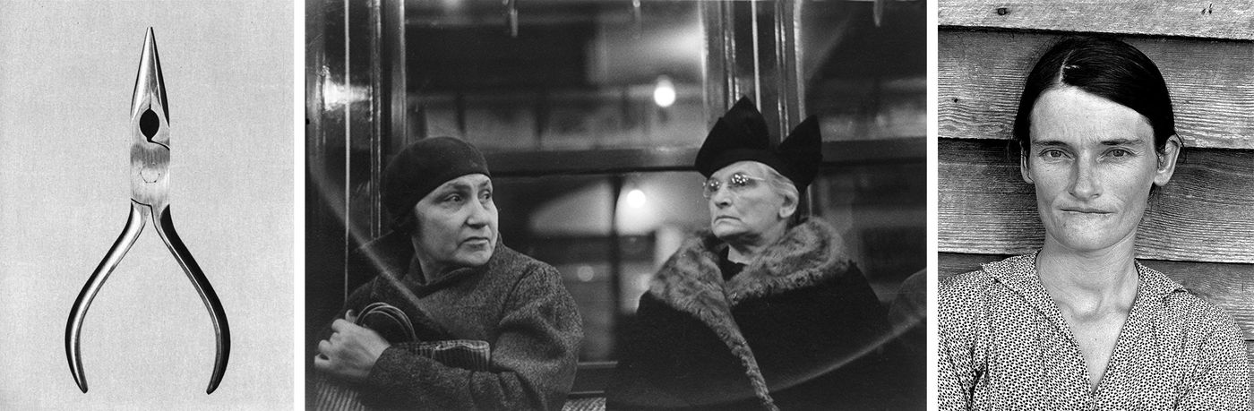 Tres muestras de su ojo: unos alicates (1955), dos pasajeras del metro en Nueva York (1938) y la mujer de un aparcero en Alabama (1936).