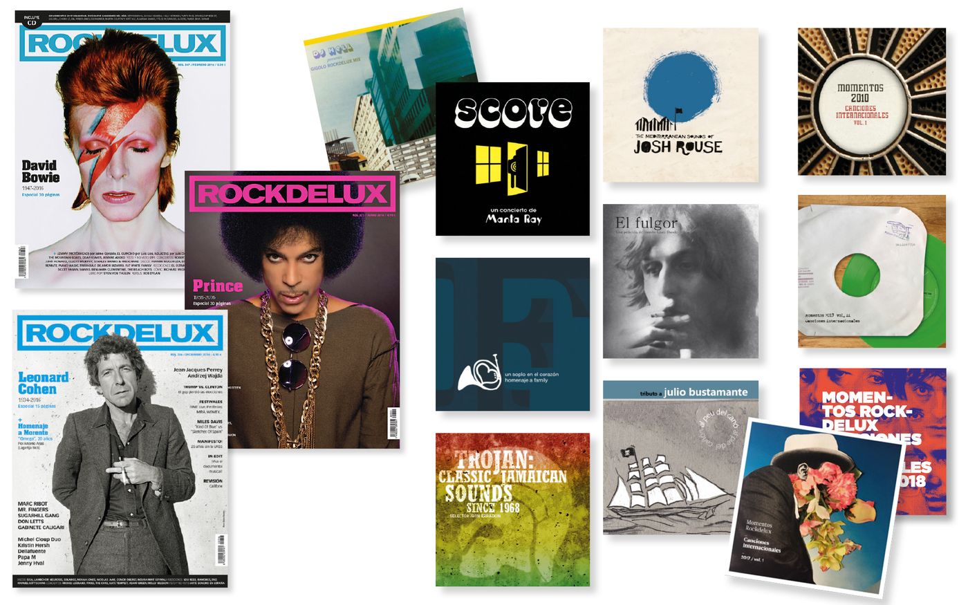 2016: año de luto (portadas e informes Rockdelux con Bowie, Prince y Cohen). / CDs especiales de Rockdelux: DJ Hell, Manta Ray, Tributo a Family, el sello Trojan, Josh Rouse, Nacho Vegas (DVD) y tributo a Julio Bustamante. / Momentos Rockdelux: algunos CDs con las canciones del año.