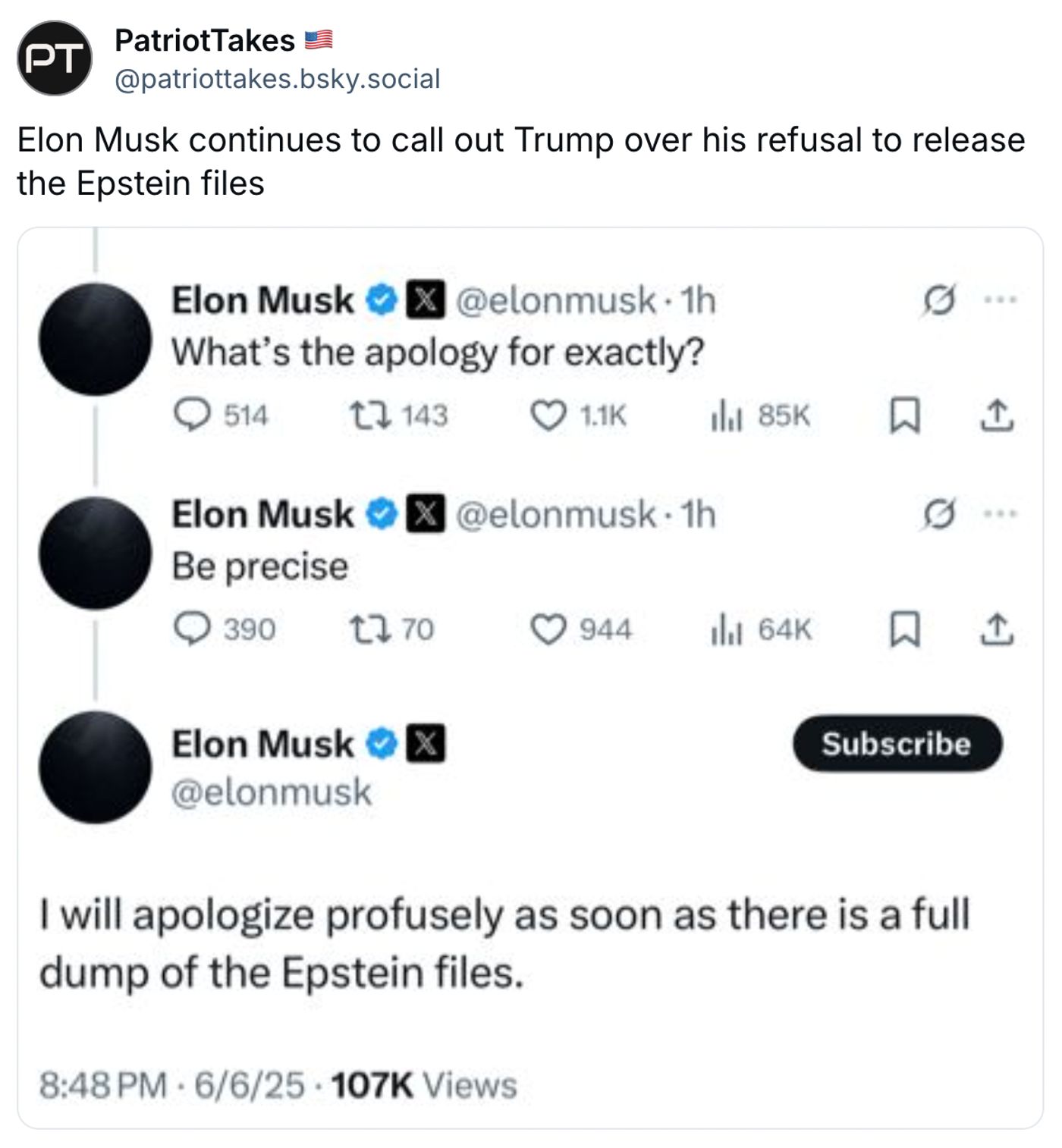 Queremos los “Epstein files”.<a href="https://bsky.app/profile/patriottakes.bsky.social/post/3lqybuesudk22" target="_blank"> Ver post </a>