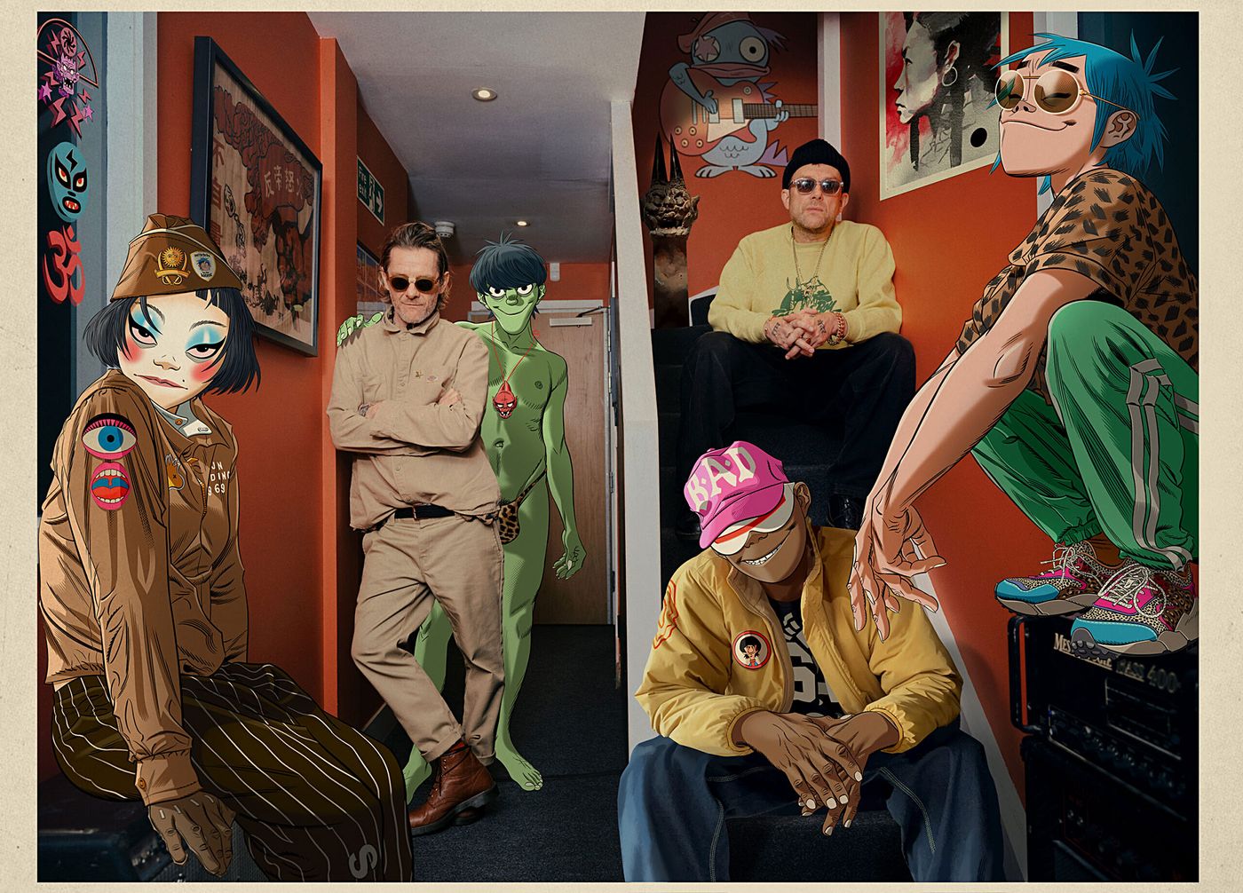 Noodle, Jamie Hewlett (de pie), Murdoc Niccals, Russel Hobbs, Damon Albarn (detrás) y 2-D. Foto: Reuben Bastienne Lewis