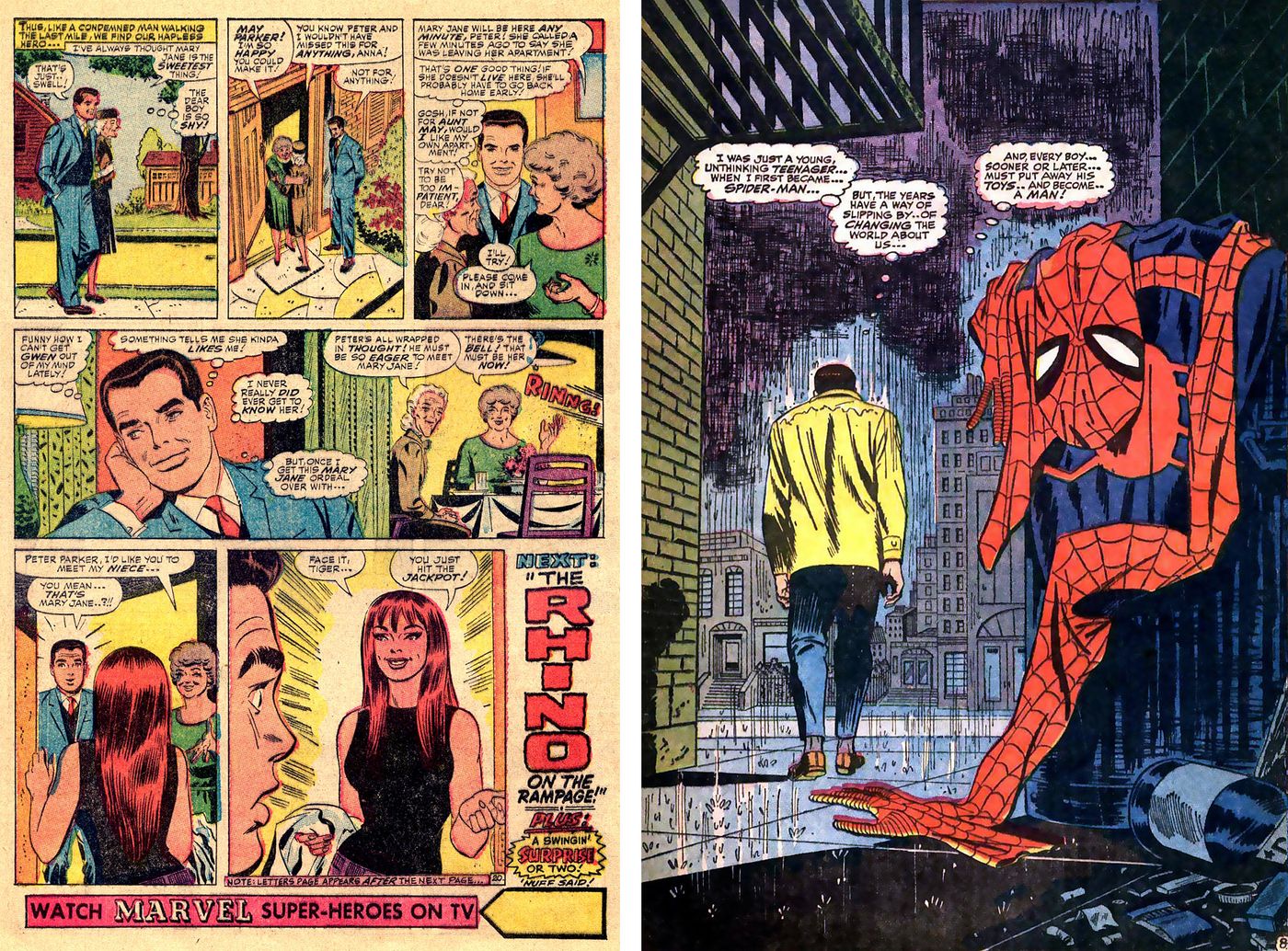 La famosa primera viñeta en la que apareció de frente Mary Jane Watson. Stan Lee y John Romita: “The Amazing Spider-Man” nº 42 (1966) y “Spider-Man No More!” (“The Amazing Spider-Man” nº 50 (1967).