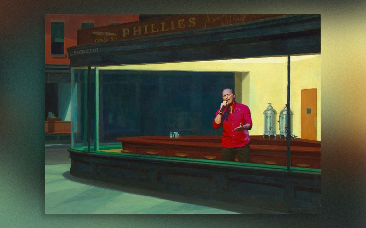 Homenaje a “Nighthawks” de Edward Hopper: ironía contra Bertín Osborne. Imagen: @MortaSiciliana