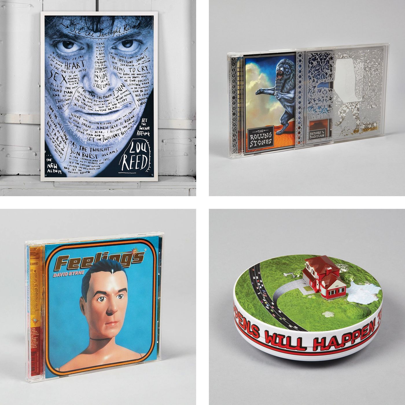 Algunos de sus diseños para el mundo de la música: póster para “Set The Twilight Reeling” de Lou Reed y portadas de los álbumes “Bridges Of Babylon” de The Rolling Stones, “Feelings” de David Byrne y “Everything That Happens Will Happen Today” de Brian Eno y David Byrne.