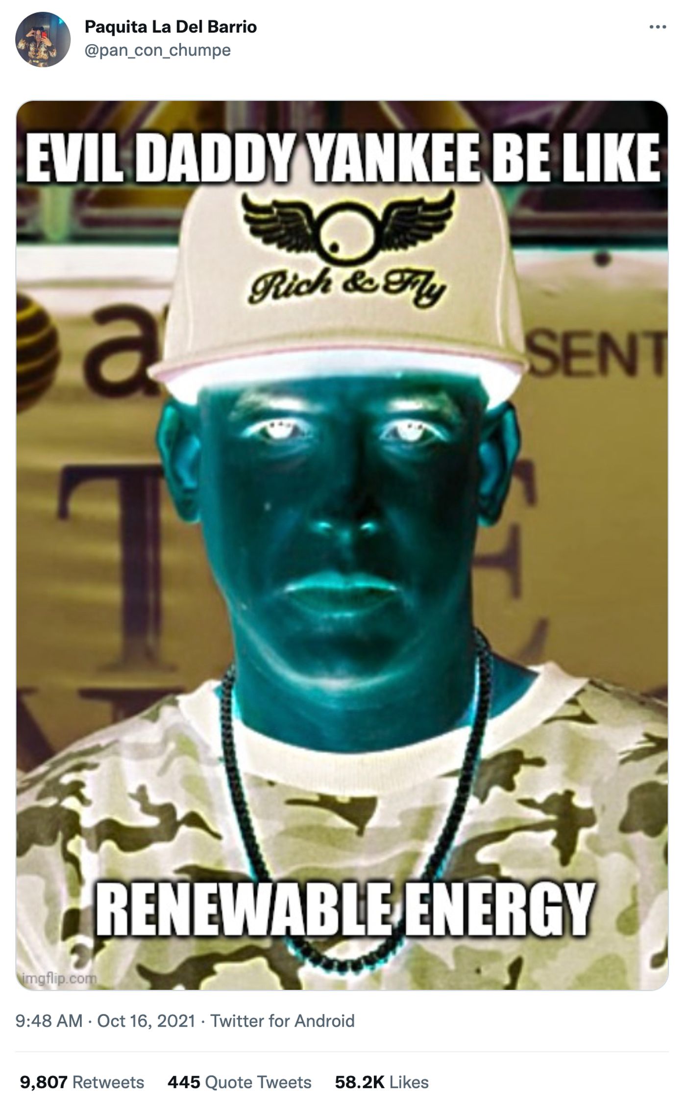 Daddy Yankee: gasolina renovable. <a href="https://twitter.com/pan_con_chumpe/status/1449281189228032001" target="_blank"> Ver tuit </a>