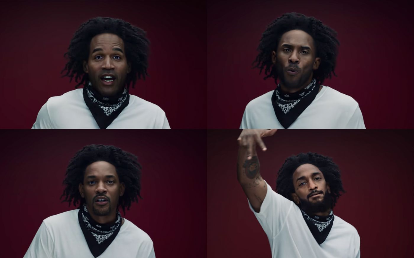 Montaje a partir del clip de Kendrick Lamar, donde aparece transformado en O. J. Simpson, Kobe Bryant, Will Smith y Nipsey Hussle.