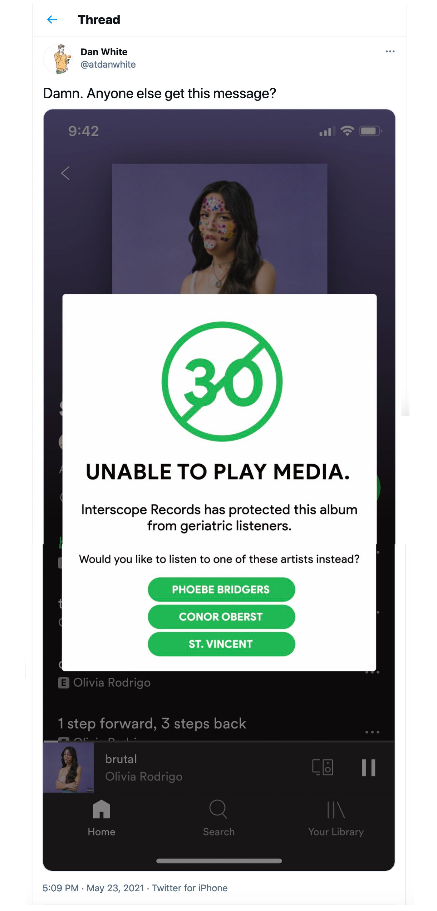 El asunto Olivia Rodrigo: no apto para mayores. <a href="https://twitter.com/atdanwhite/status/1396483547557412864" target="_blank">Ver tuit</a>