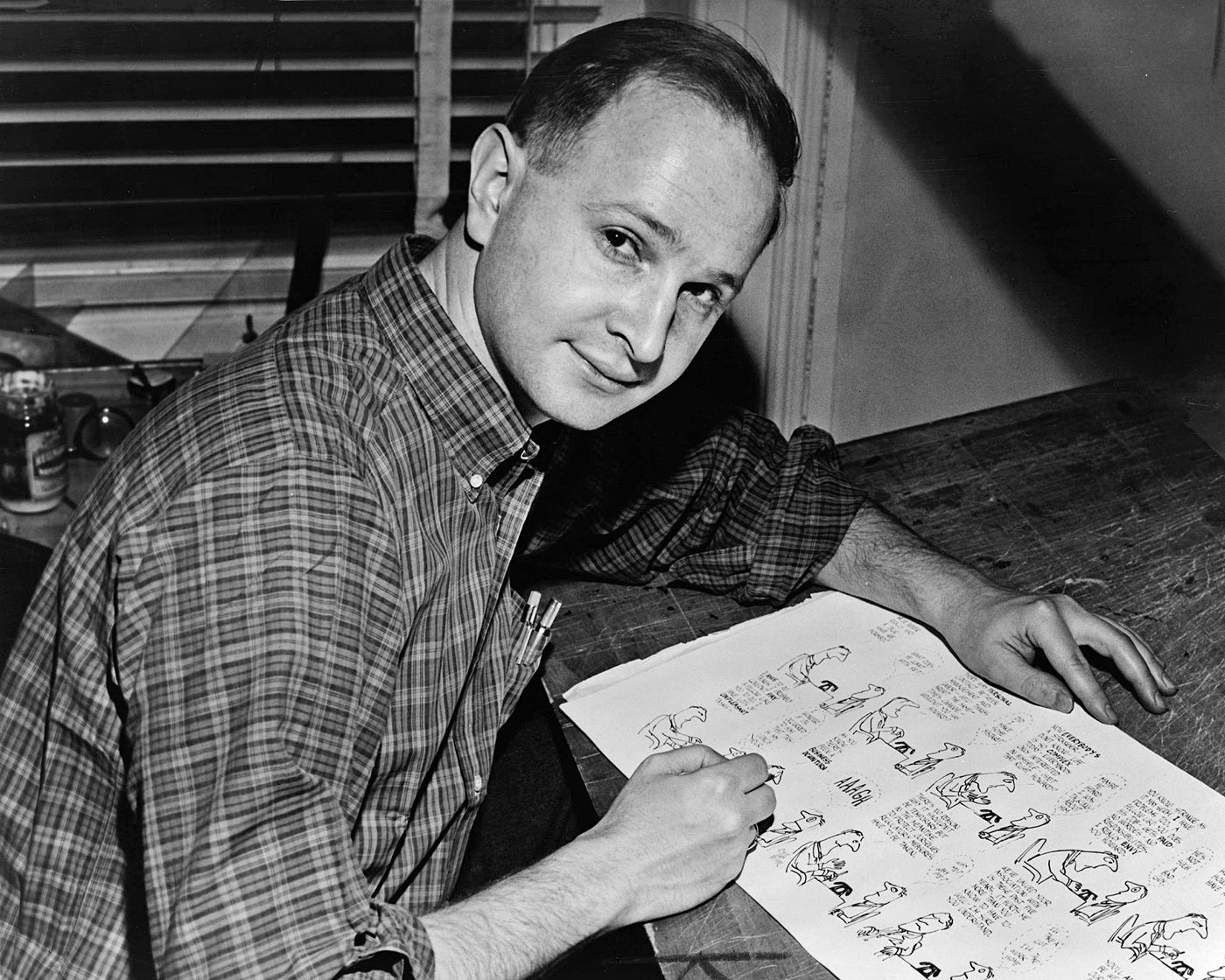 Jules Feiffer, con su tira “Sick, Sick, Sick”, en 1958. Foto: Dick DeMarsico