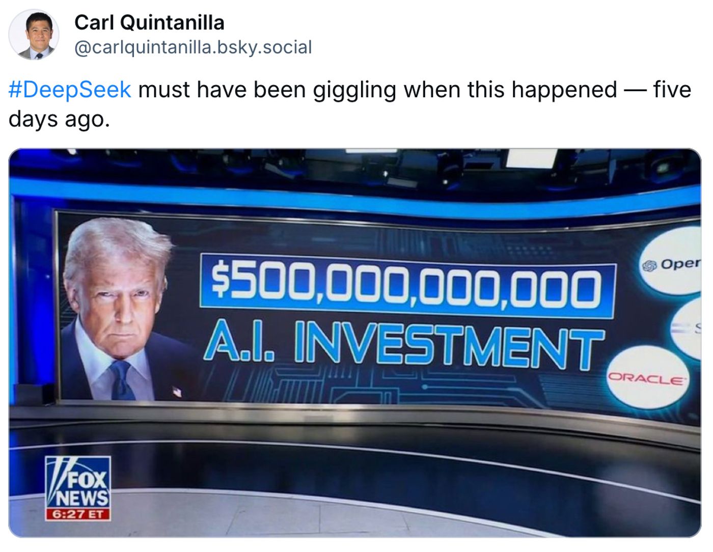 La inversión millonaria de Trump en la IA.<a href="https://bsky.app/profile/carlquintanilla.bsky.social/post/3lgqypmsnsc2o" target="_blank"> Ver post </a>