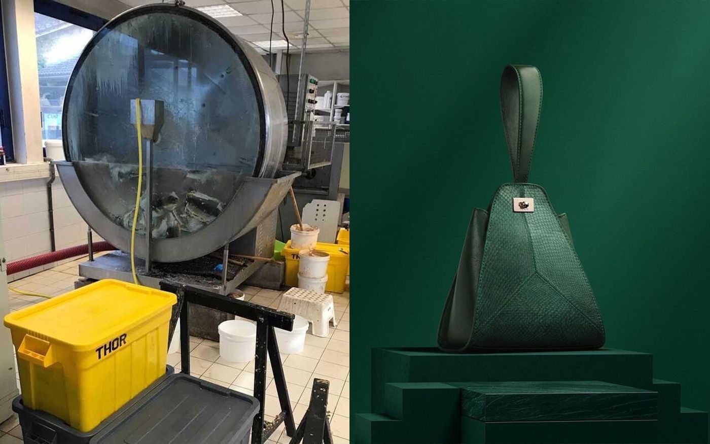 Una de las máquinas centrifugadoras que utilizan para producir el cuero y uno de los bolsos creados con sus materiales. Foto: ICTYOS, Picabel y Thalie Paris