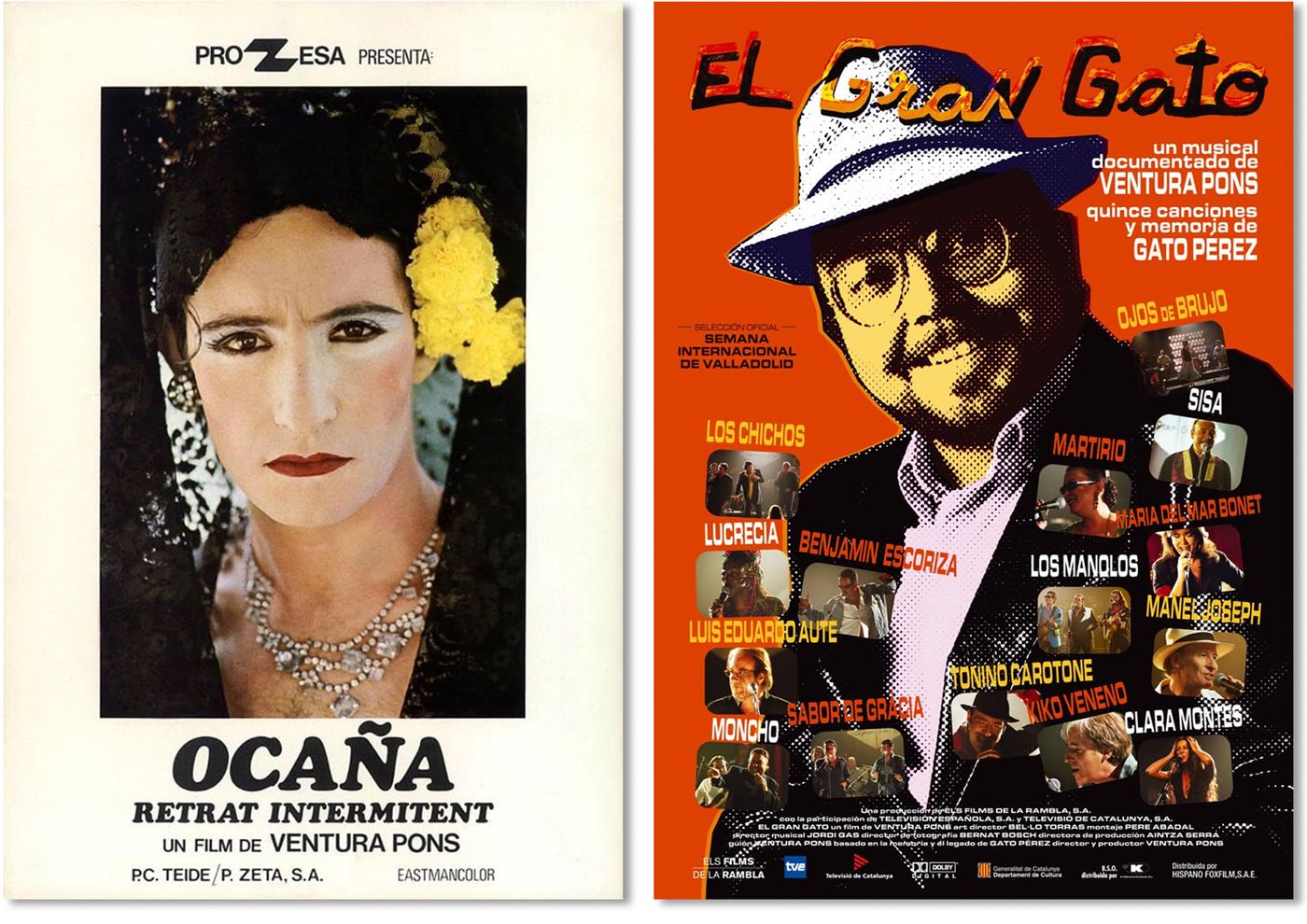 Carteles de “Ocaña, retrat intermitent” (1978) y “El gran Gato” (2002).