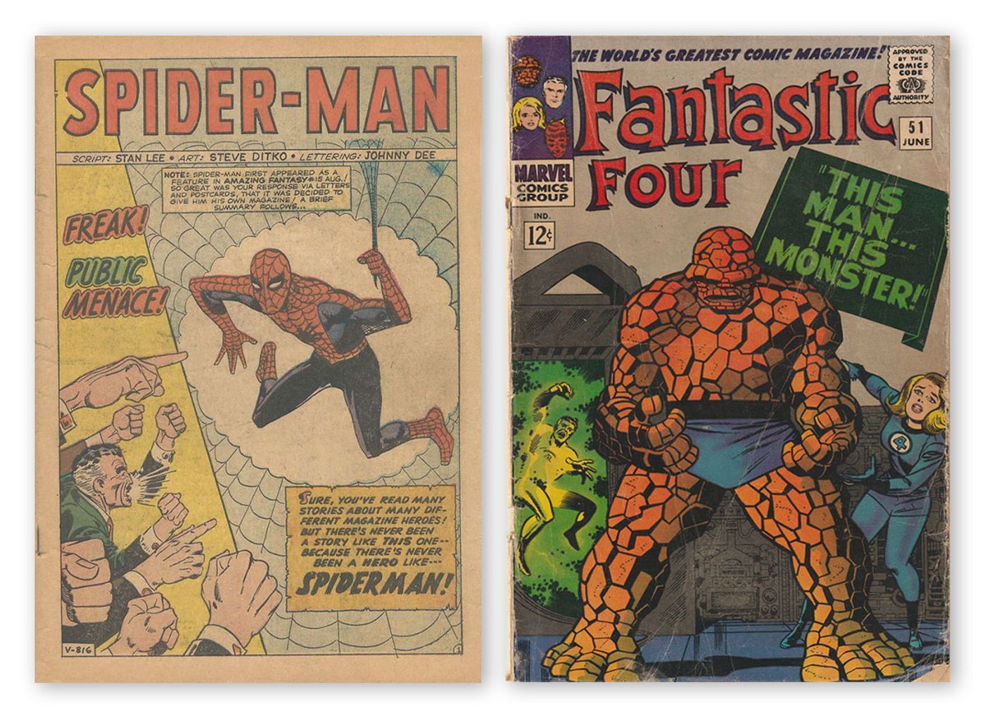 Los superfreaks de la Marvel de los 60: “The Amazing Spider-Man” nº 1 (1963), Stan Lee y Steve Diko (color de Stan Goldberg, rotulación de Jon D’Agostino). “Fantastic Four” nº 51 (1966), Stan Lee y Jack Kirby (entintado de Joe Sinnott, color probablemente de Stan Goldberg).