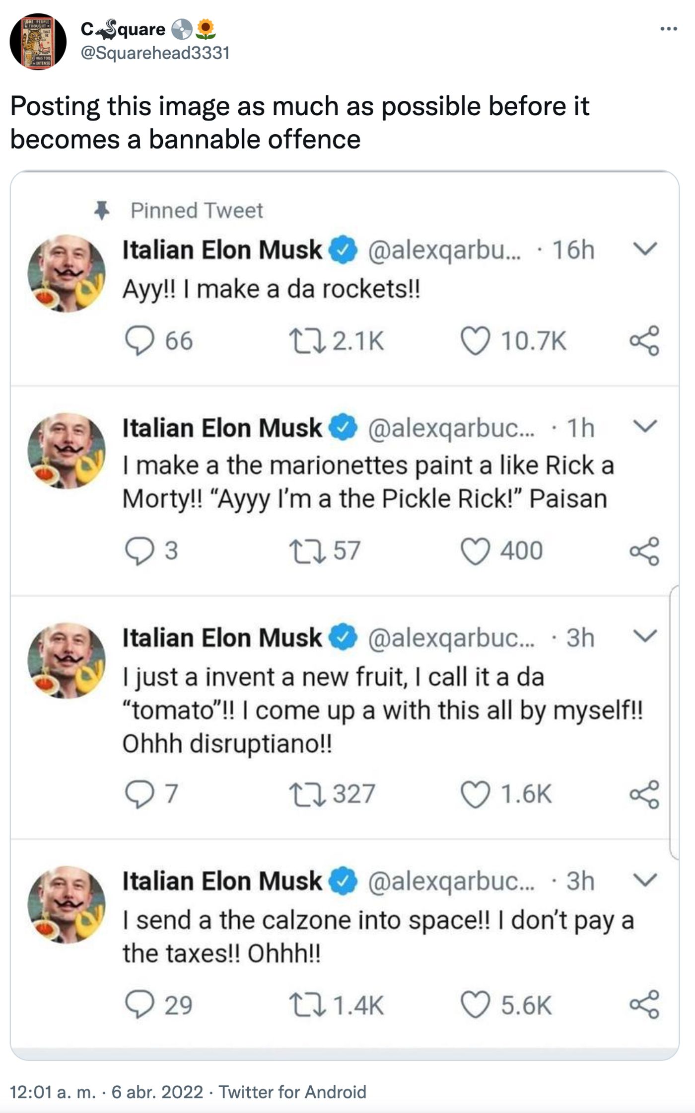 Elon Musk: dale que te pego.<a href="https://twitter.com/Squarehead3331/status/1511463955461513222" target="_blank"> Ver tuit </a>