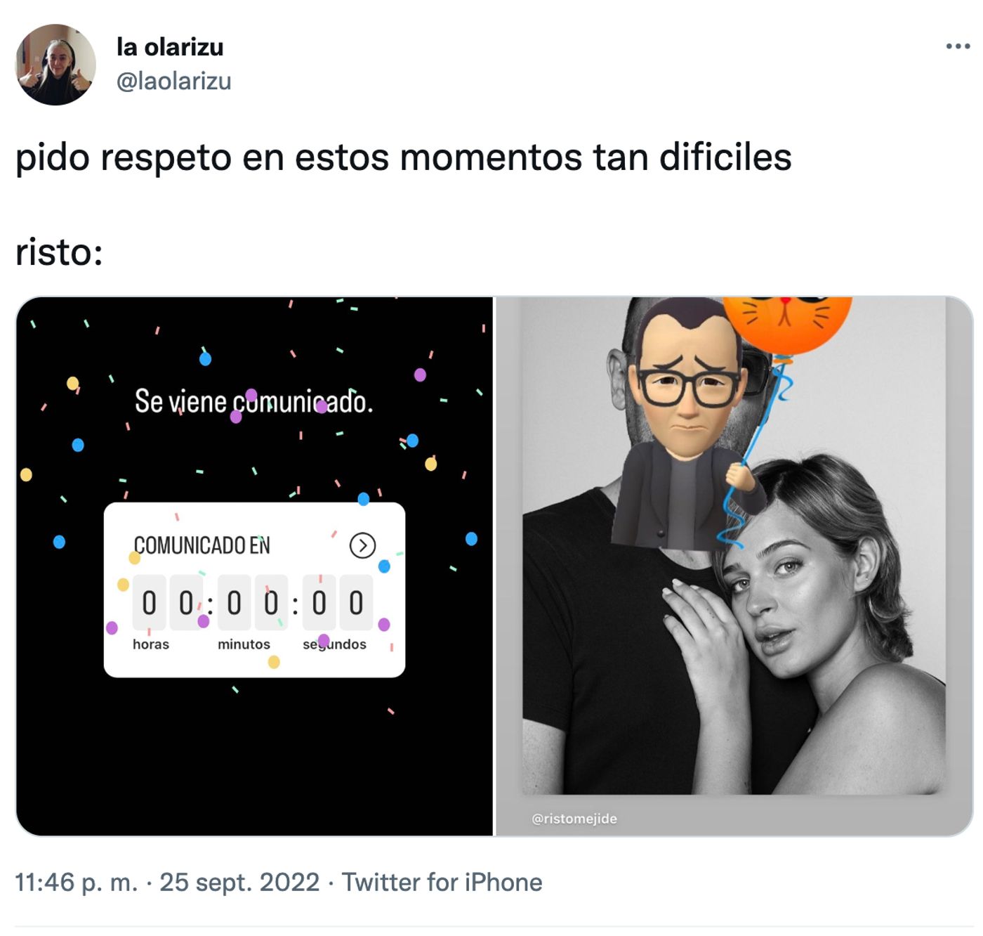 Risto, qué mal, ¿no?<a href="https://twitter.com/laolarizu/status/1574153396860297217" target="_blank"> Ver tuit </a>