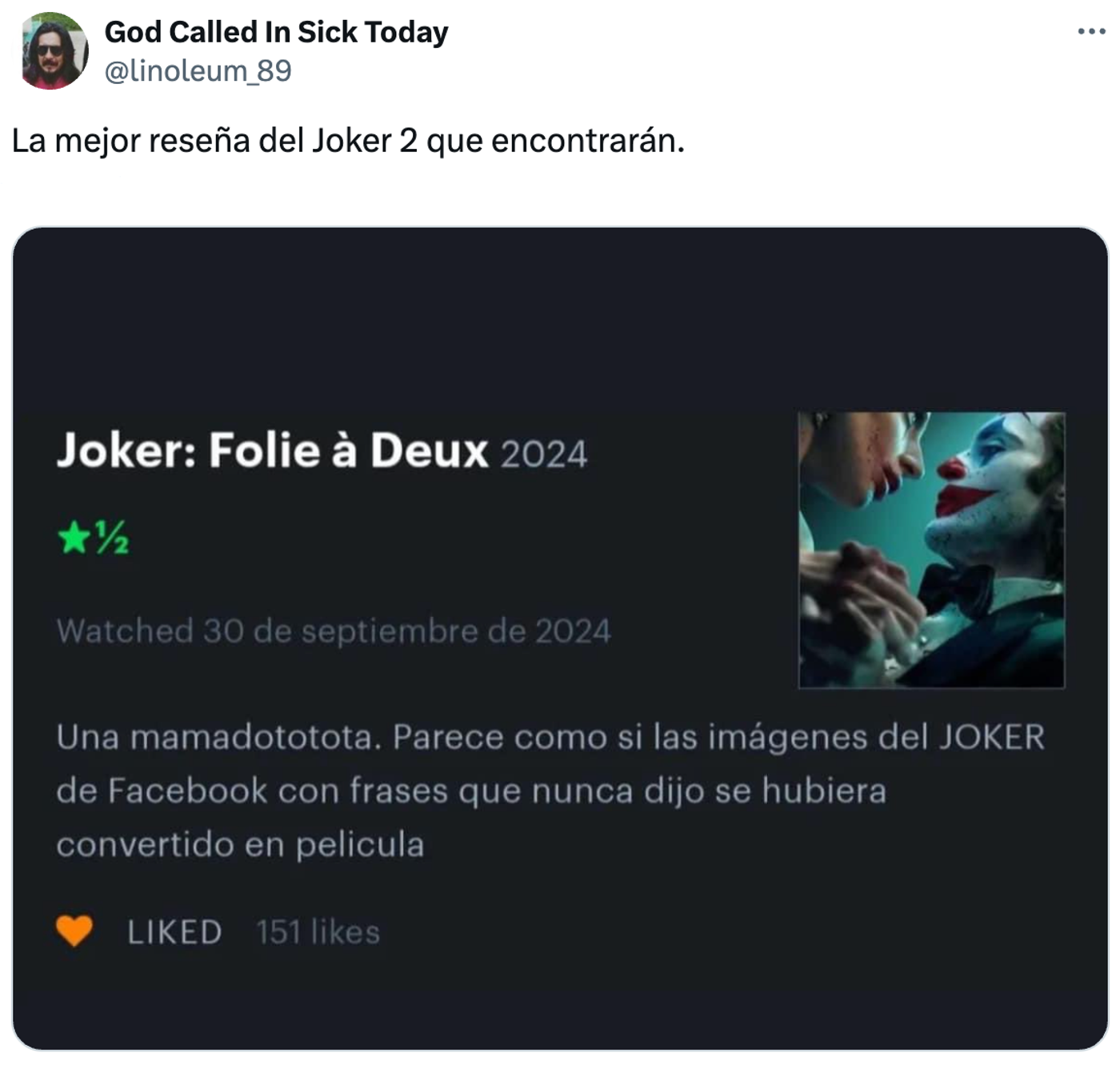 Incomprendido “Joker”.<a href="https://x.com/linoleum_89/status/1842762752466550937" target="_blank"> Ver tuit </a>