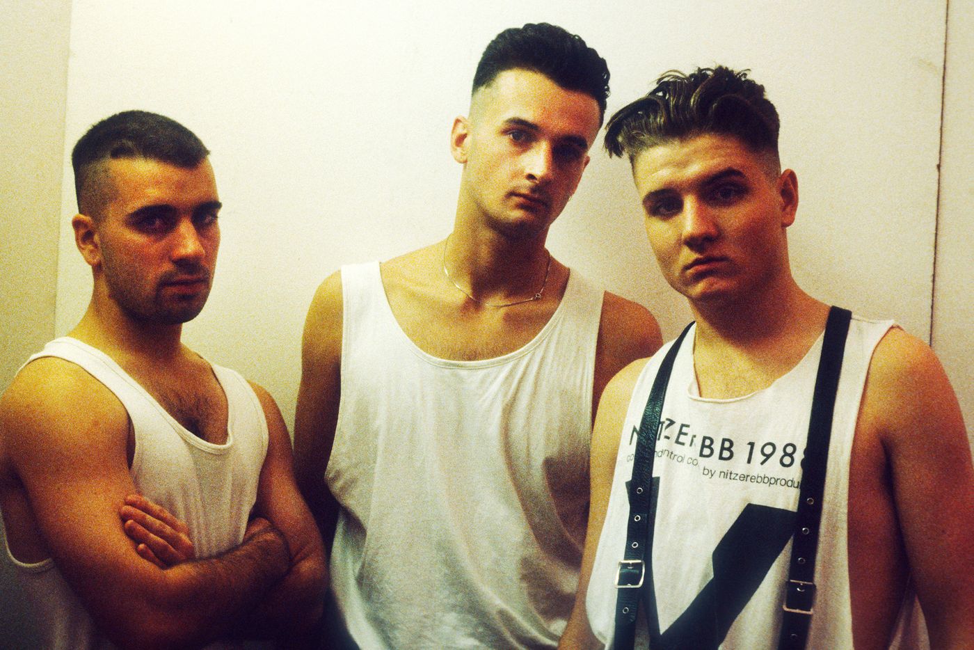 Nitzer Ebb, en 1988: Bon Harris, David Gooday y Douglas McCarthy. Foto: Gie Knaeps (Getty Images)
