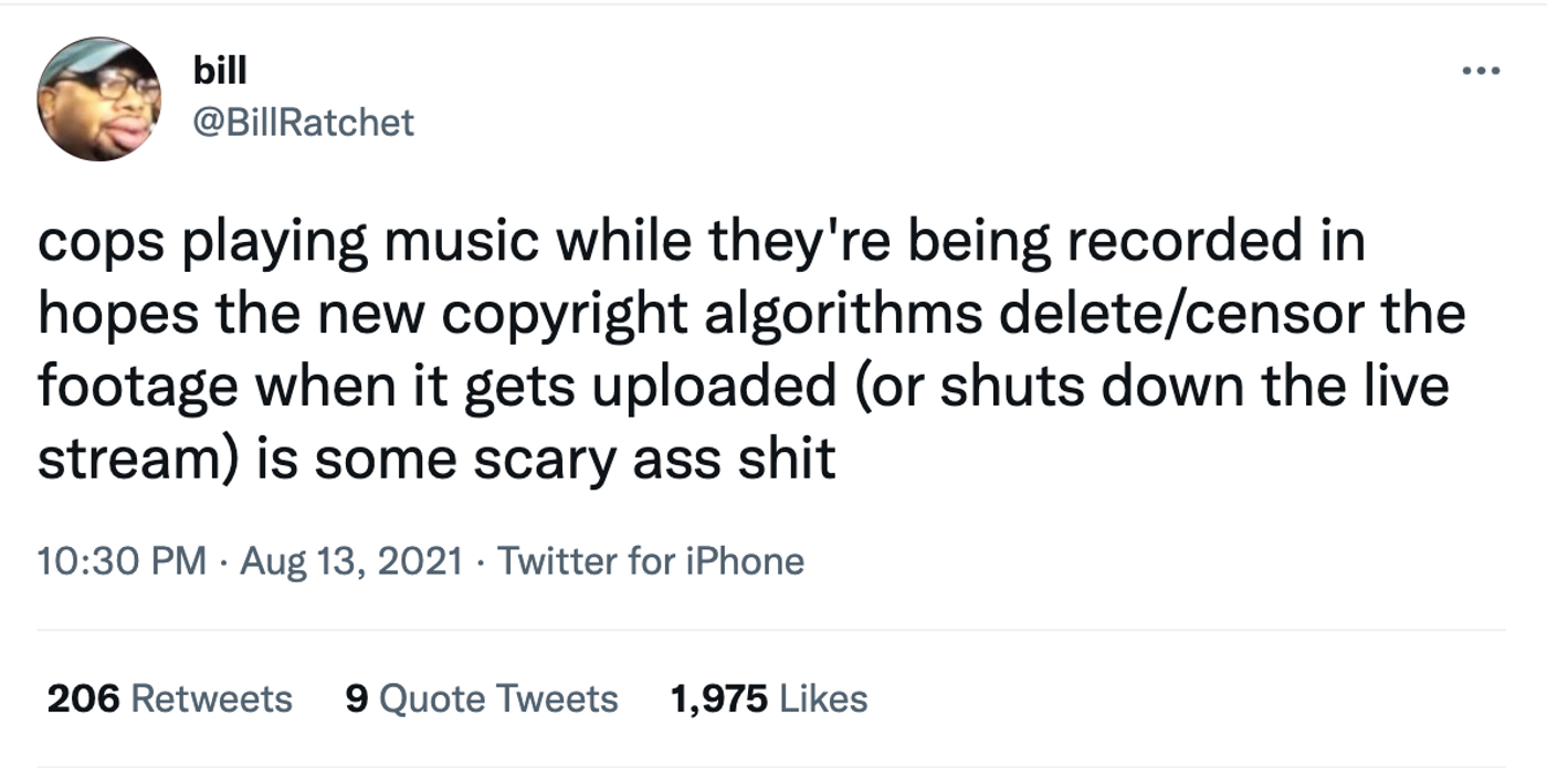 Eliminar contenidos con copyright: el gran dilema. <a href="https://twitter.com/BillRatchet/status/1426280113579216898" target="_blank"> Ver tuit </a>
