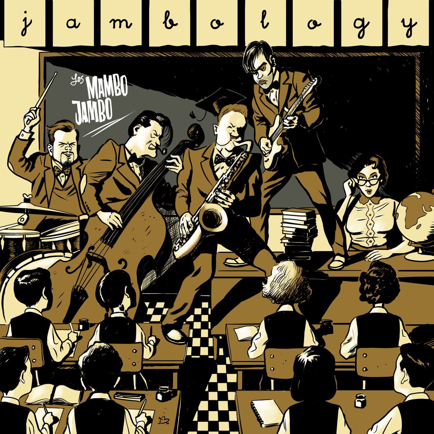 “La época que representa la ilustración la traté sobre todo con el color, también está el estilo pin-up de la profesora, con esa hiperfeminidad que se utiliza tanto en este tipo de música, muy pulp. Algo así como una reinterpretación de la época o, mejor dicho, la reinterpretación de la reinterpretación”.