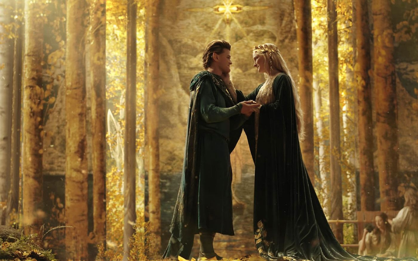 El medio elfo Elrond (Robert Aramayo) Elrond y Galadriel en “Los anillos de poder”.