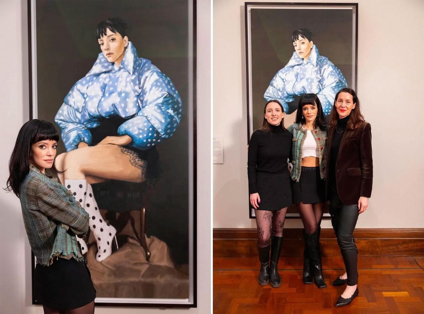 Izquierda: Lily Allen delante de la pintura “West End Girl” (2025), expuesta en la londinese National Portrait Gallery, especializada en retratos de personajes. Derecha: Nieves González, Lily Allen y Victoria Siddall (directora del museo). Fotos: David Parry
