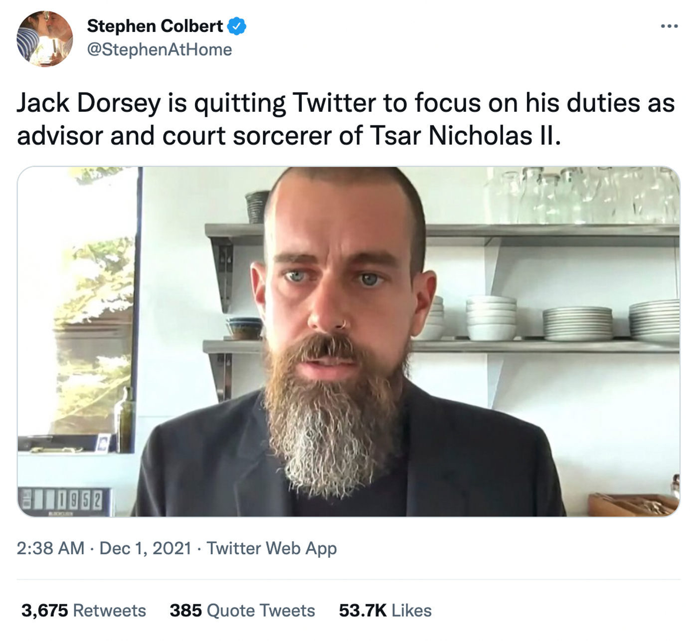 La barba full-rasputincore de Jack Dorsey. <a href="https://twitter.com/StephenAtHome/status/1465857691818106891" target="_blank"> Ver tuit </a>