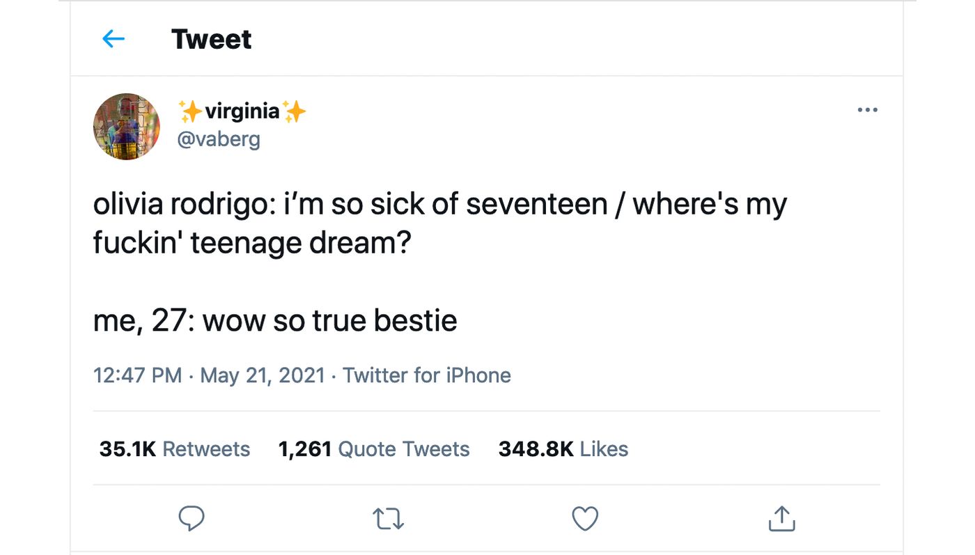 El asunto Olivia Rodrigo: 17 años y con ganas de matar. <a href="https://twitter.com/vaberg/status/1395692660699058177" target="_blank">Ver tuit</a>
