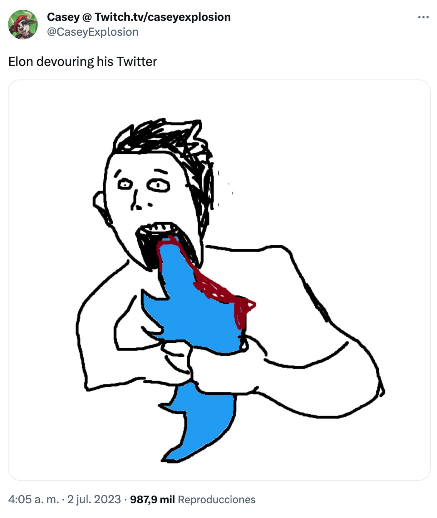 Elon Musk, a lo Goya.<a href="https://twitter.com/CaseyExplosion/status/1675324849508450304" target="_blank"> Ver tuit </a>