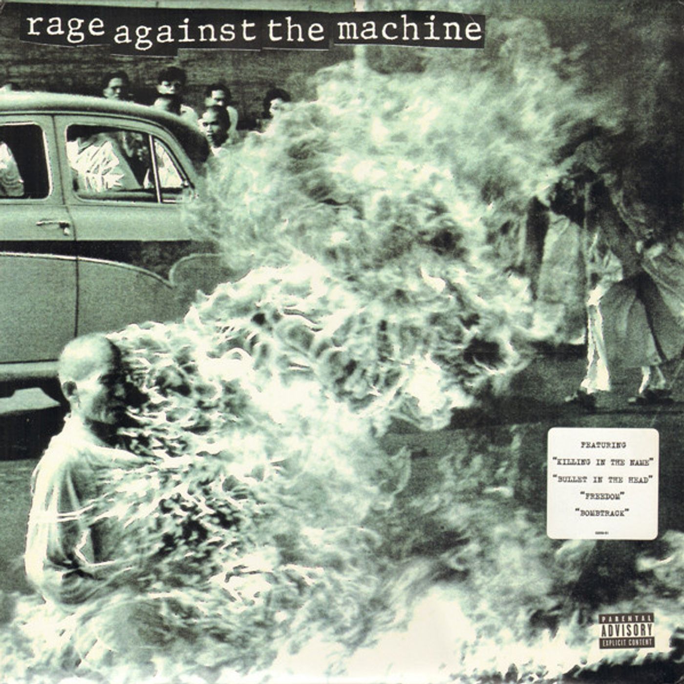 La impactante portada del debut homónimo de Rage Against The Machine.