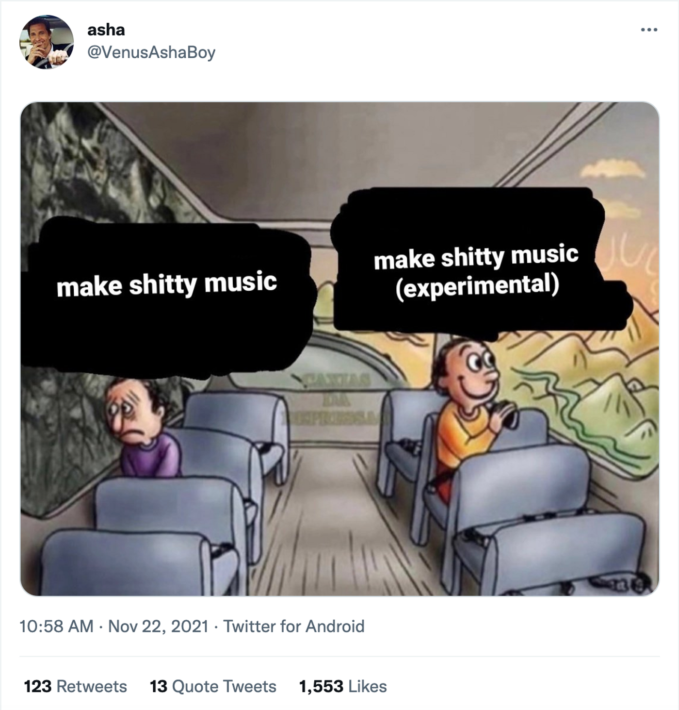 El meme del bus. <a href="https://twitter.com/VenusAshaBoy/status/1462722183835308033" target="_blank"> Ver tuit </a>