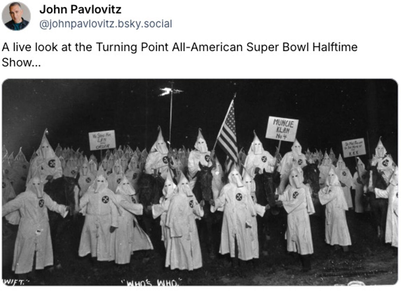 “The KKK took my baby away”. <a href="https://bsky.app/profile/johnpavlovitz.bsky.social/post/3meeze3iekk2z" target="_blank"> Ver post </a>