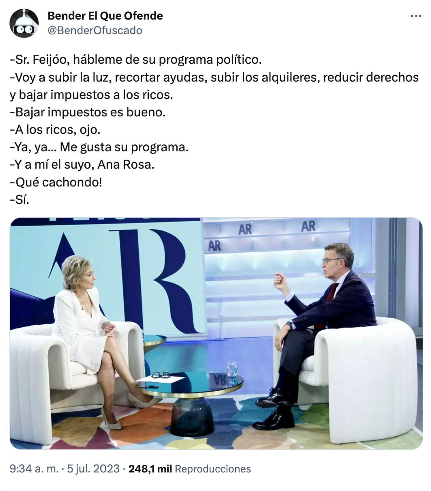 Feijóo en su sal(s)a.<a href="https://twitter.com/BenderOfuscado/status/1676494713799548930" target="_blank"> Ver tuit </a>