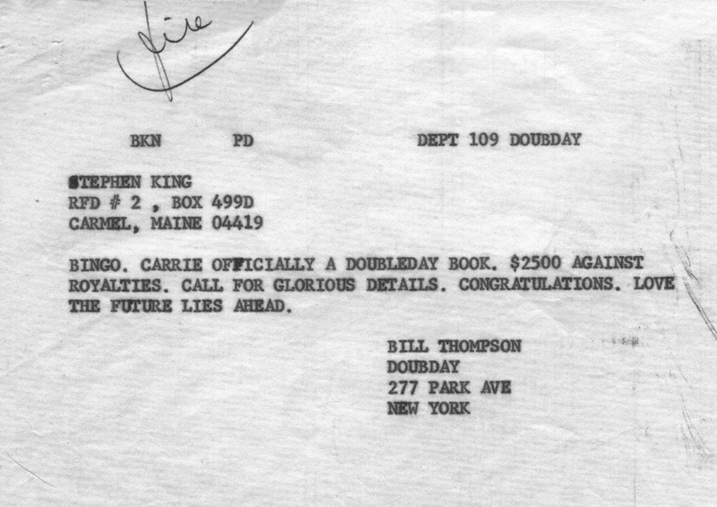 Telegrama de Bill Thompson a Stephen King informando de la venta de los derechos de “Carrie” (cortesía de Cemetery Dance Publications).