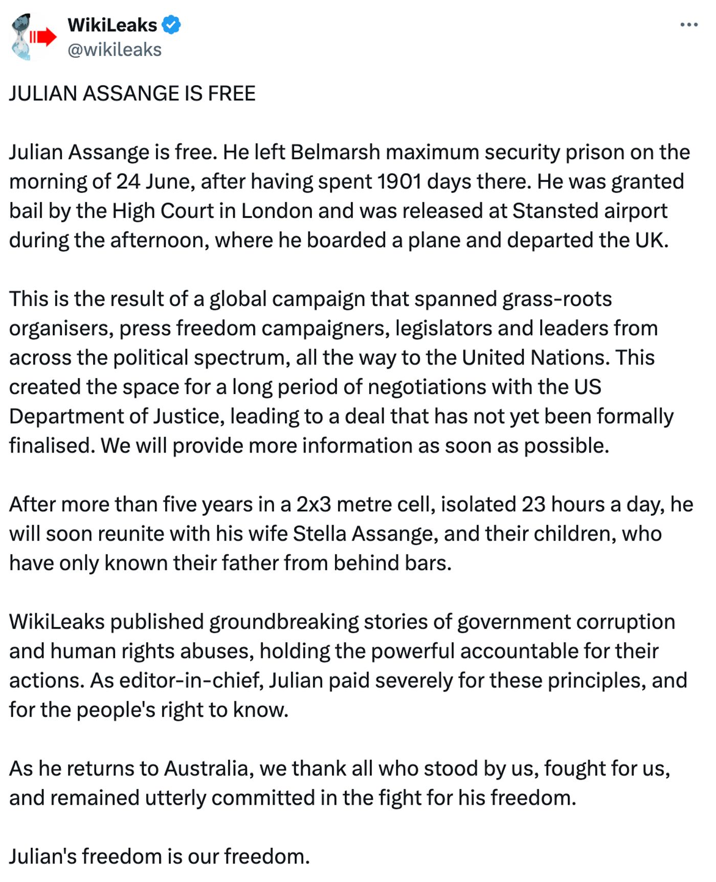 Lío Assange resuelto.<a href="https://x.com/wikileaks/status/1805390138945528183" target="_blank"> Ver tuit </a>