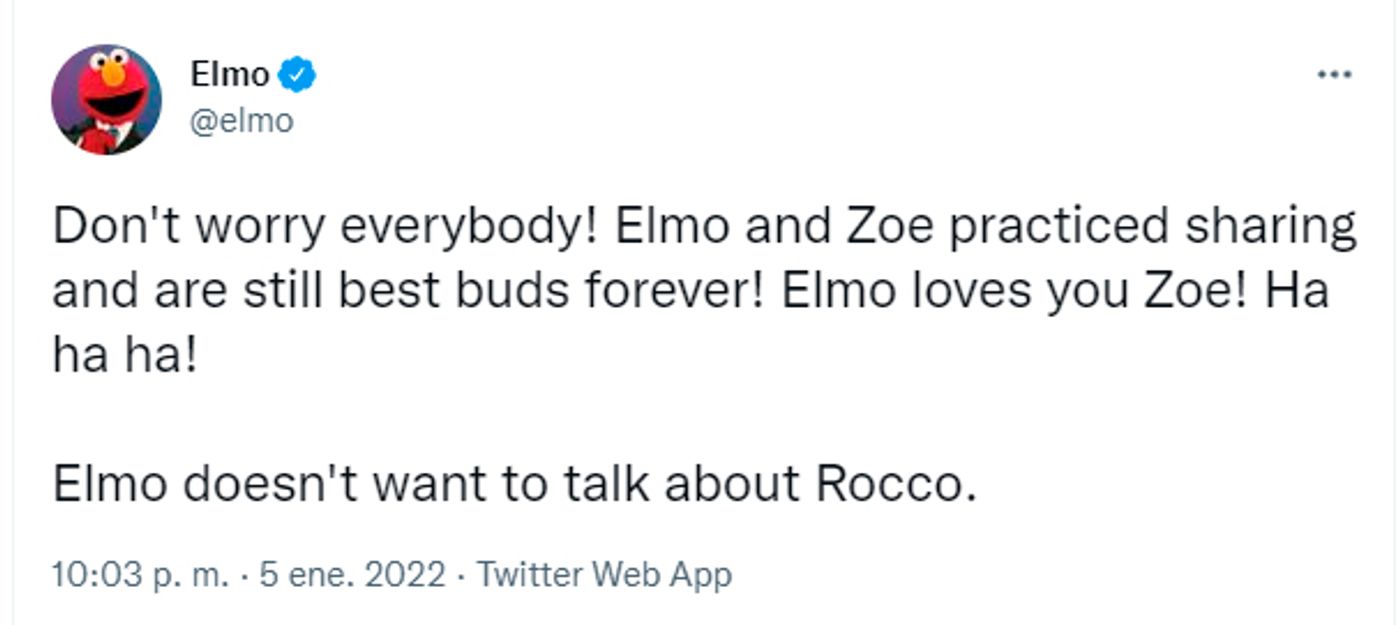 Elmo y Zoe: amigos para siempre. <a href="https://twitter.com/elmo/status/1478834653863755780?s=21" target="_blank"> Ver tuit </a>