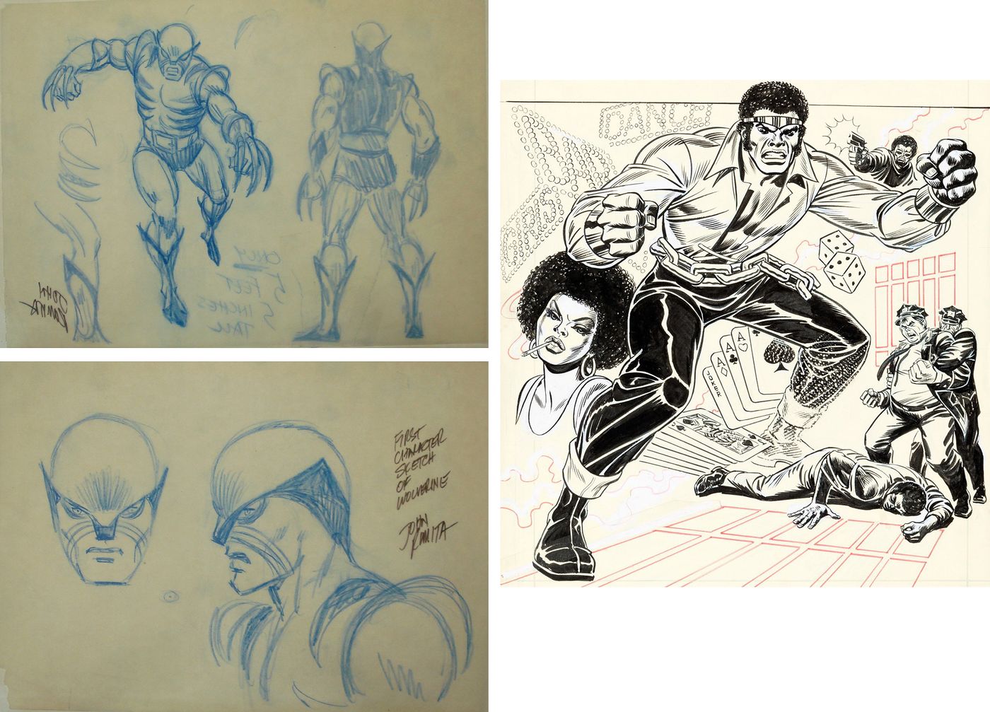 El primer diseño de Lobezno (1974), por John Romita. Romita también aportó el diseño de Luke Cage. Aquí, dibujo suyo para la portada de “Luke Cage, Hero For Hire” nº1 (1972)