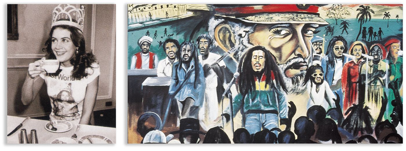 Cindy Breakspeare (Miss Mundo 1976), novia de Bob Marley; es la madre de Damian Marley. Derecha: Marley y el influjo de Haile Selassie en un grafiti en Kingston.
