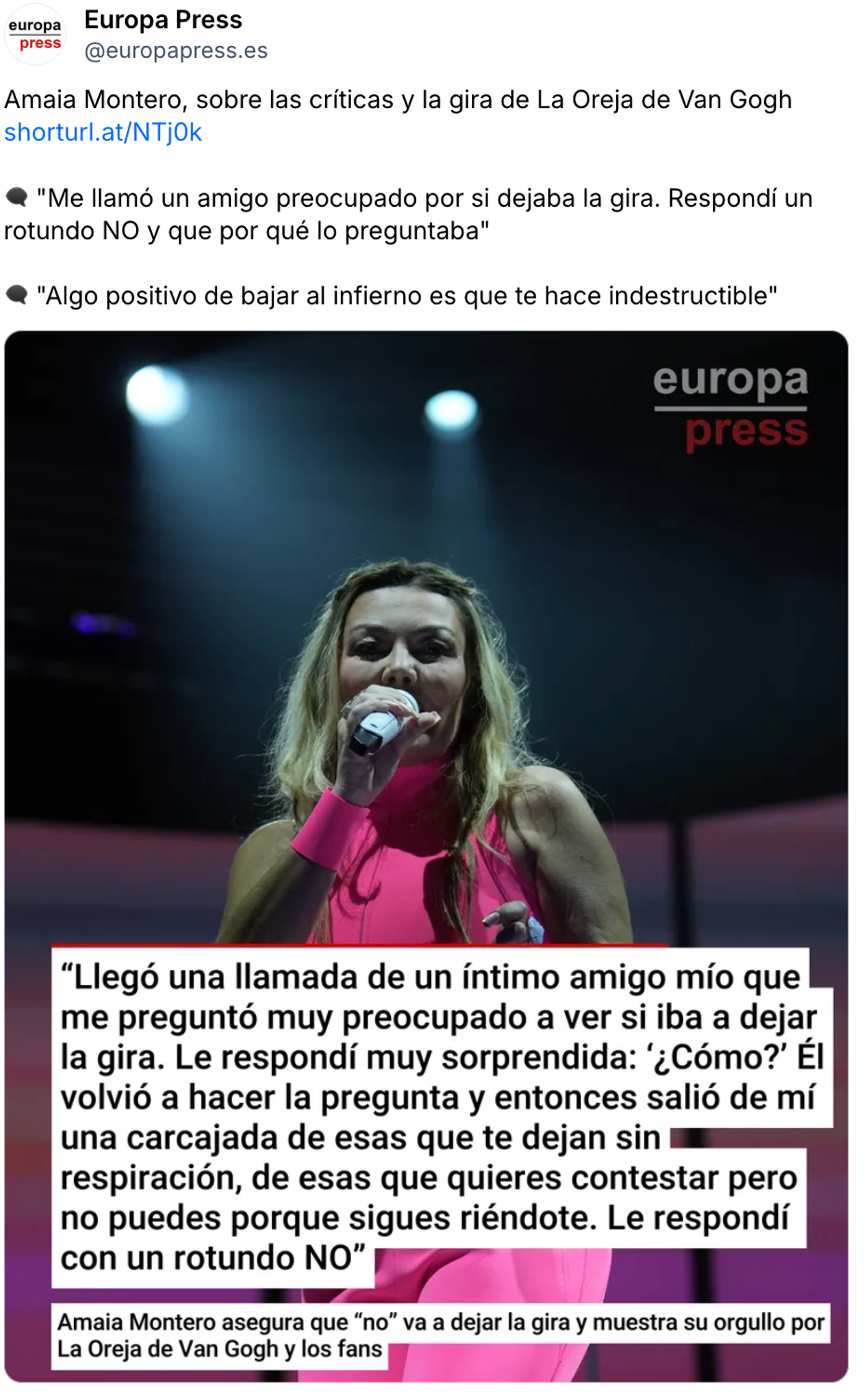 “Algo positivo de bajar al infierno es que te hace indestructible”, dice Amaia. <a href="https://bsky.app/profile/europapress.es/post/3mlq7kkswrs2c" target="_blank"> Ver post </a>