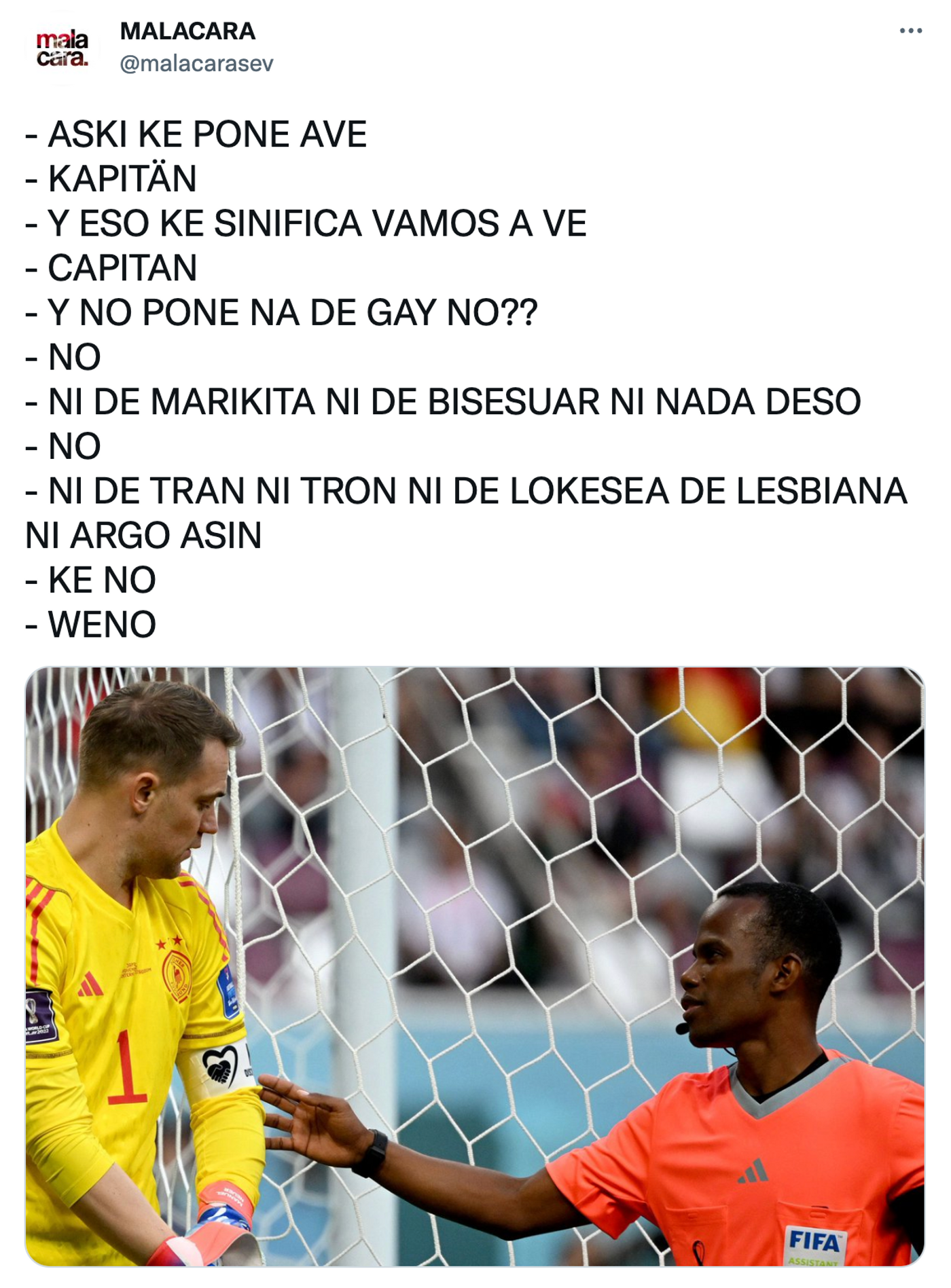 El humor y los goles que no falten. <a href="https://twitter.com/malacarasev/status/1595429466754383872" target="_blank"> Ver tuit </a>
