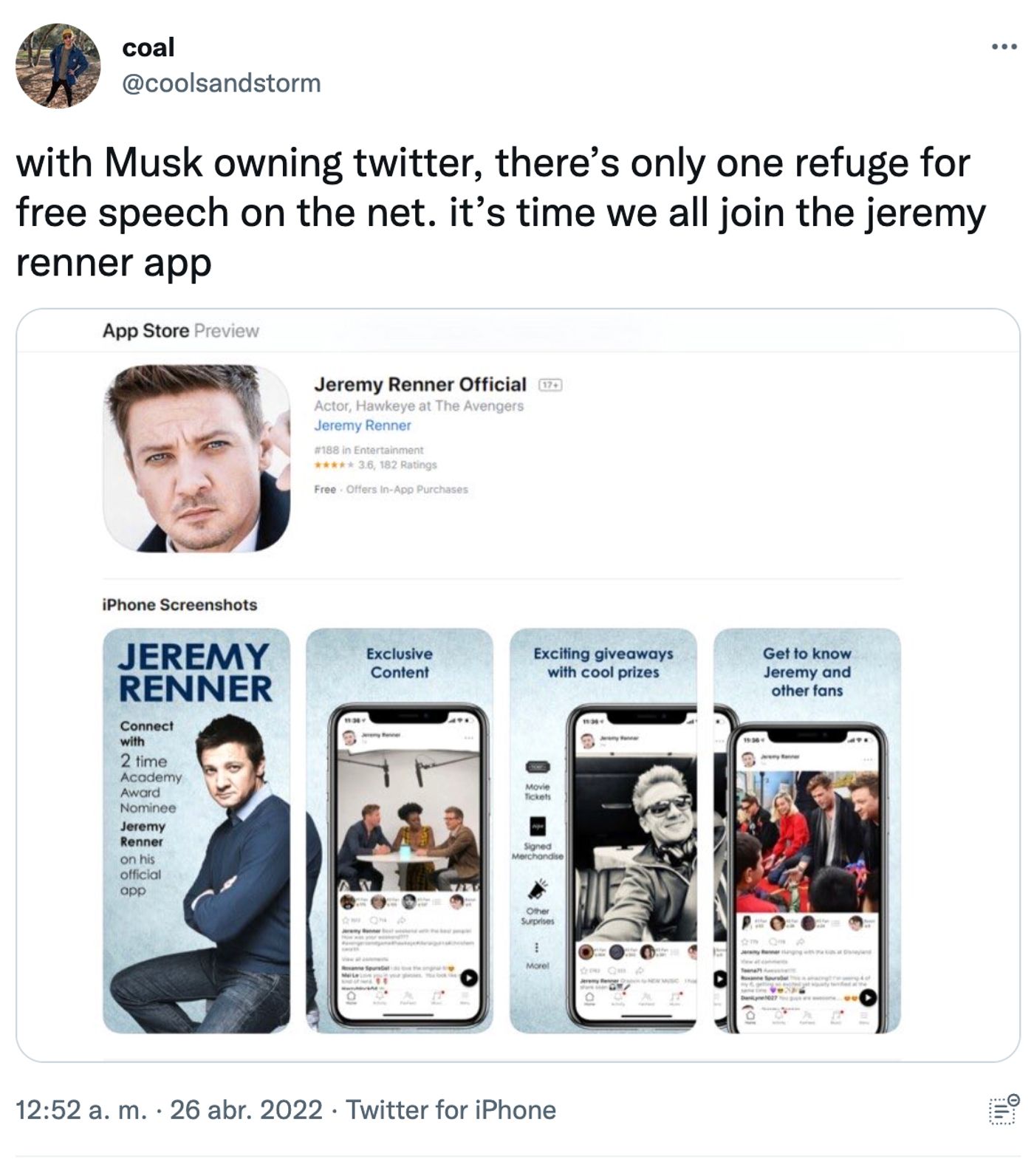 La fallida Jeremy Renner App .<a href="https://twitter.com/coolsandstorm/status/1518724549788983298" target="_blank"> Ver tuit </a>