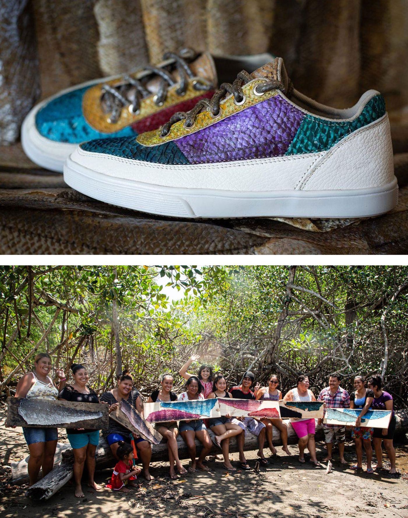 Zapatillas con escamas de colores explosivos y una de las comunidades del proyecto Vos Honduras; en medio, saluda Pili Luna. Fotos: Vos Honduras