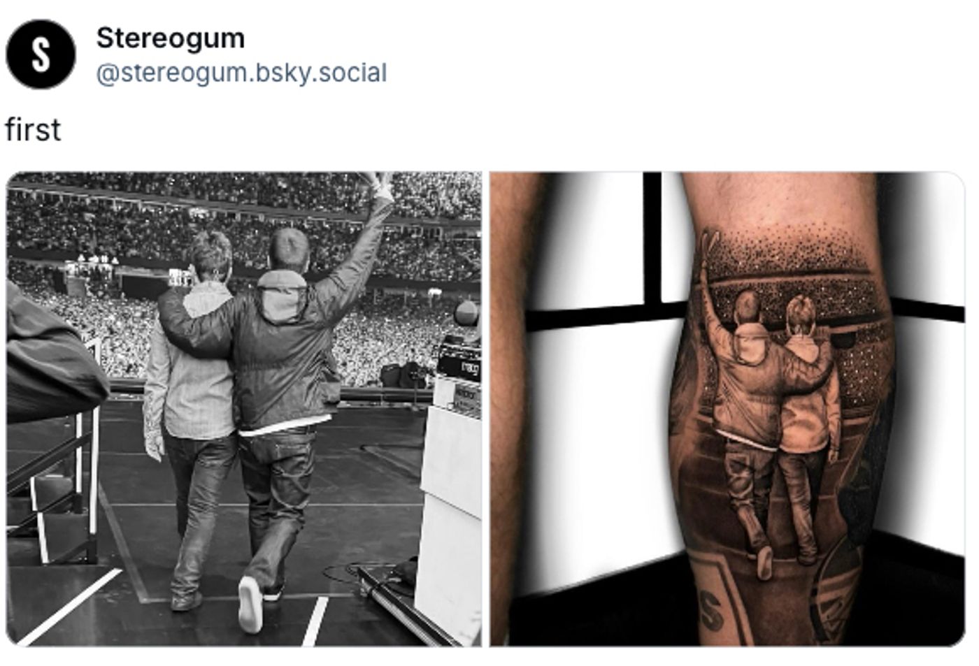 La foto histórica y el tatuaje.<a href="https://bsky.app/profile/stereogum.bsky.social/post/3ltffocqp4c2d" target="_blank"> Ver post </a>