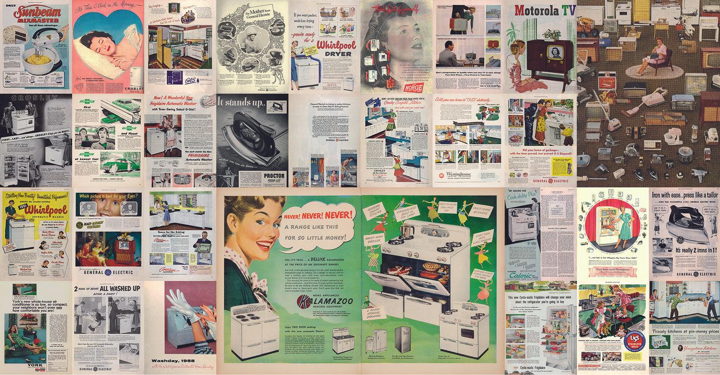 Mural de anuncios publicitarios de electrodomésticos publicados en diferentes revistas norteamericanas, años 1947-1962.