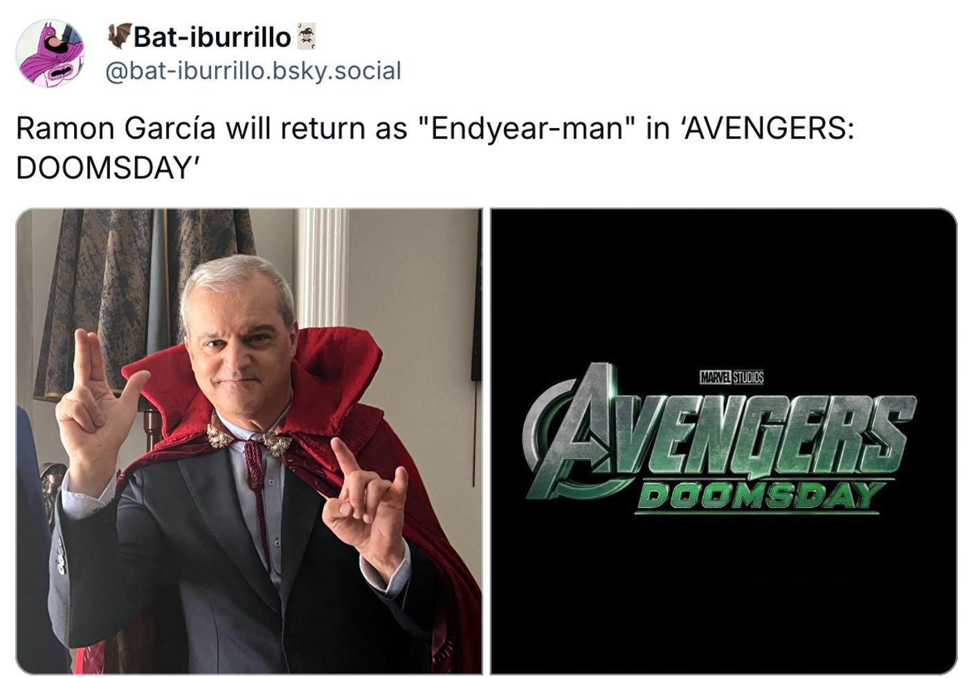 Ramón García, con su capa de fin de año, más Dr. Strange que el propio Dr. Strange.<a href="https://bsky.app/profile/bat-iburrillo.bsky.social/post/3lldqxdkhd22b" target="_blank"> Ver post </a>