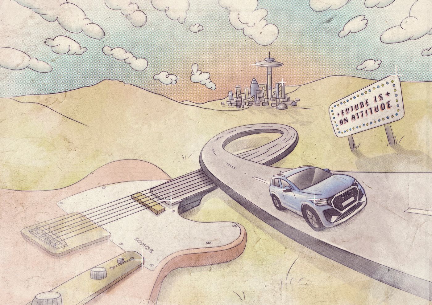 La carretera reclama guitarras. Ilustración: Pixtin