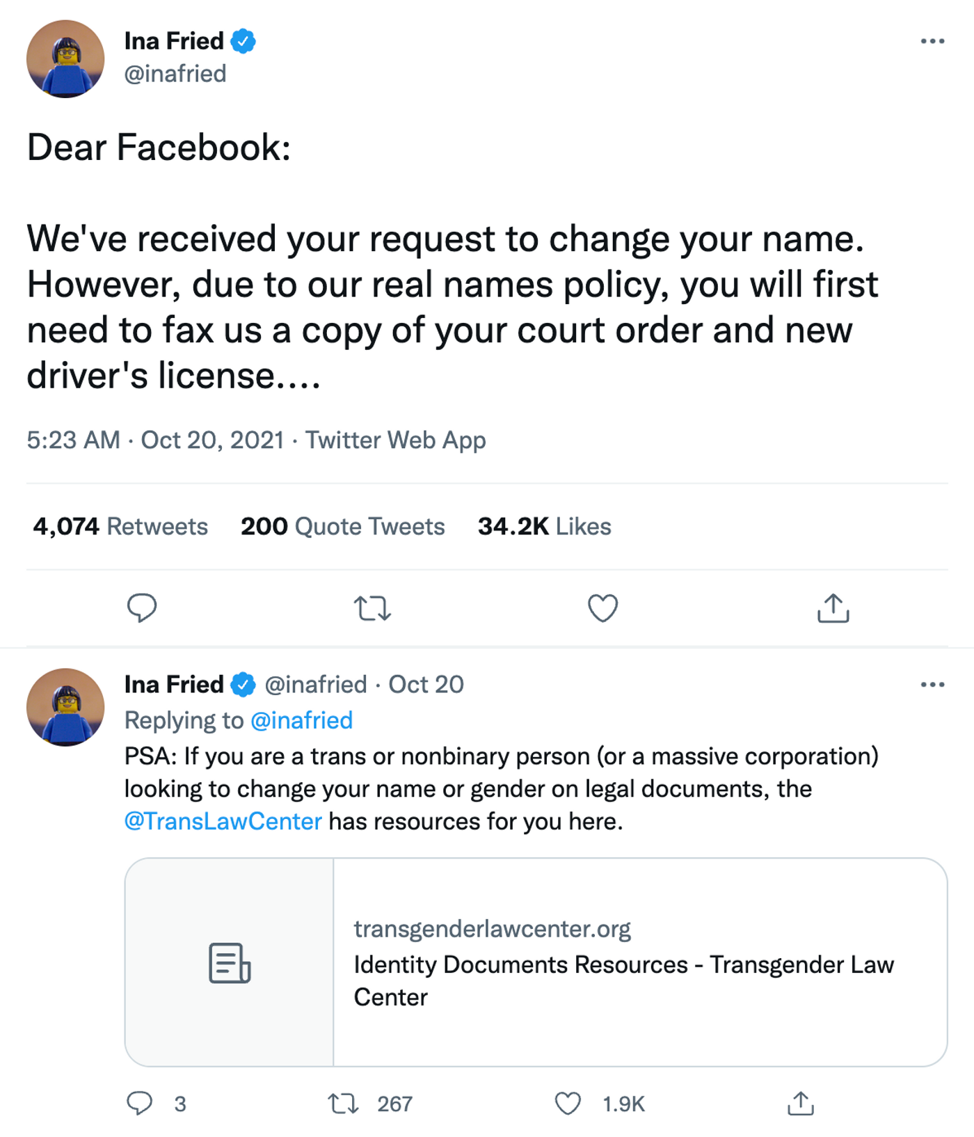 ¿Cambios de nombre en Facebook? Difícil. <a href="https://twitter.com/inafried/status/1450664005886902282" target="_blank"> Ver tuit </a>