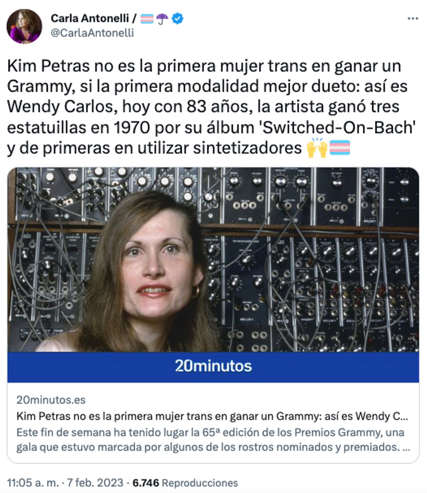 Wendy Carlos, pionera.<a href="https://twitter.com/CarlaAntonelli/status/1622899279571427328" target="_blank"> Ver tuit </a>