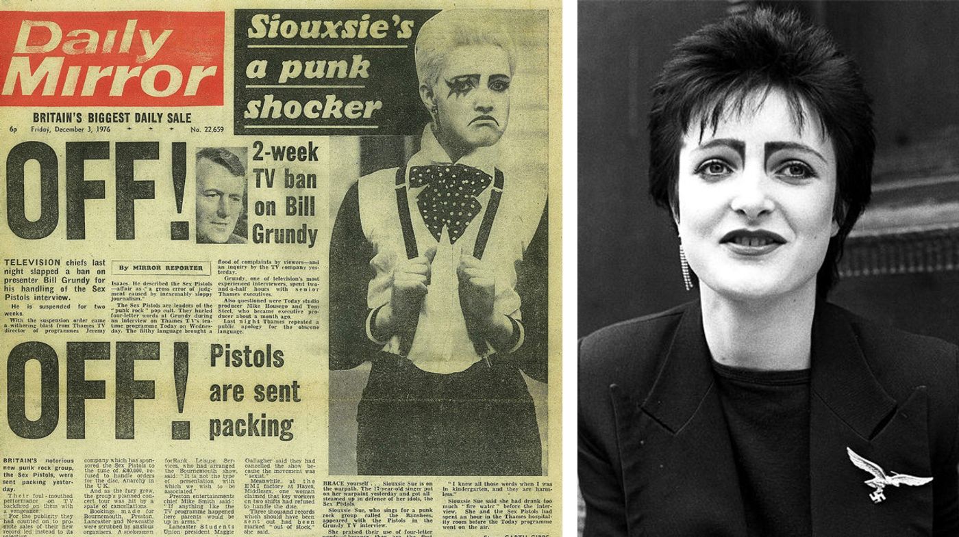 Siouxsie, en 1976, en la portada del ‘Daily Mirror’, y, sonriendo, en 1977. Foto: Ian Dickson / Redferns (Getty Images)