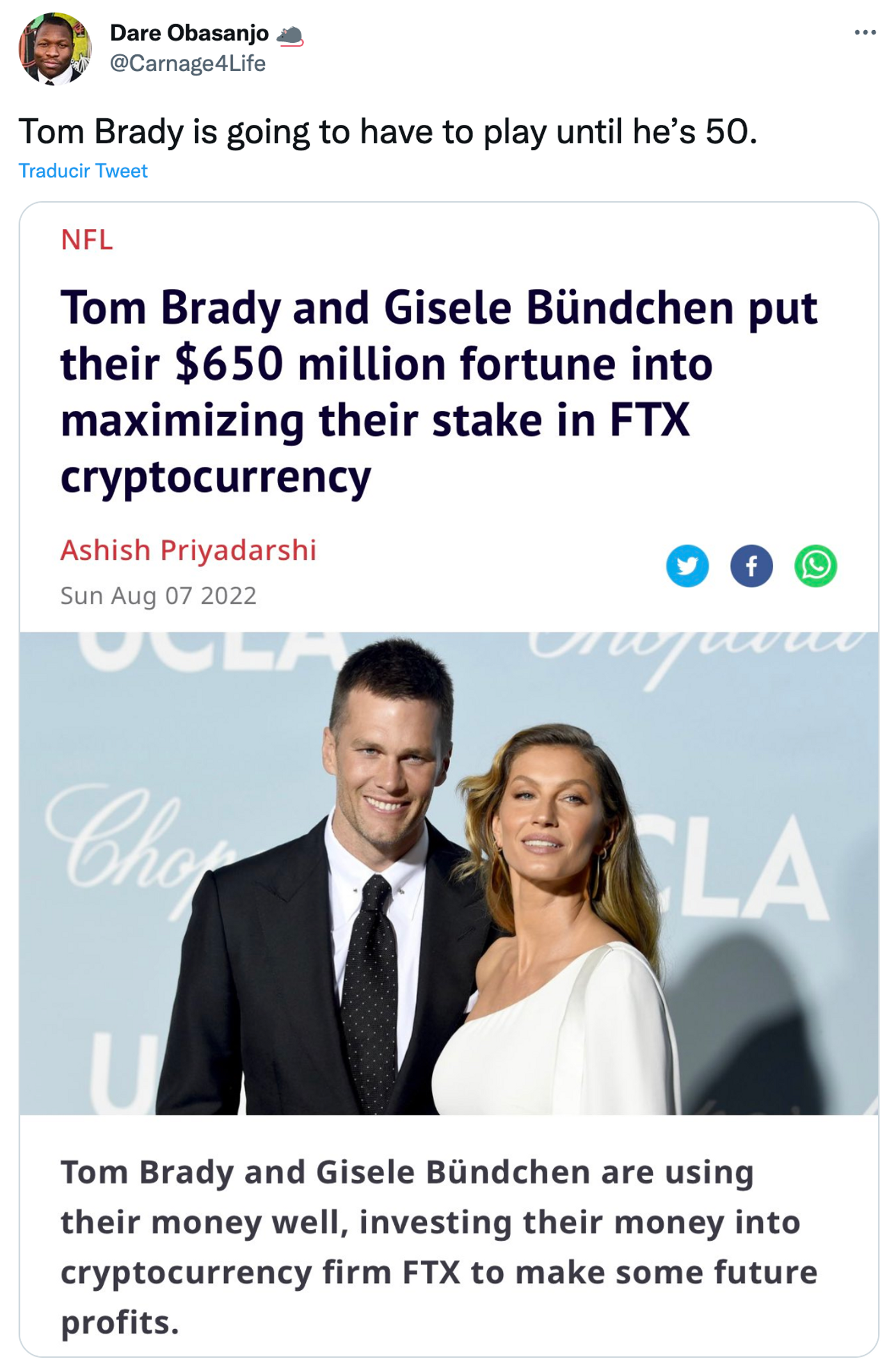 Se acumulan las malas noticas para Tom Brady. <a href="https://twitter.com/Carnage4Life/status/1590188202044030978" target="_blank"> Ver tuit </a>