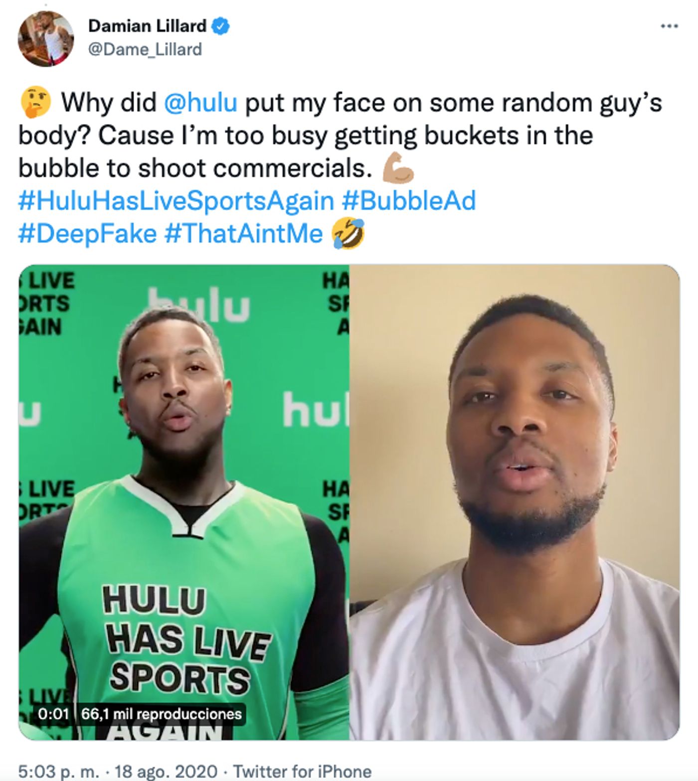 Que dice Lillard que estaba muy liado encestando para ir a grabar anuncios.<a href="https://twitter.com/Dame_Lillard/status/1295738148505321475?s=20&t=SMw_sOJY7a9Dnx5UhRlDYw" target="_blank"> Ver tuit </a>