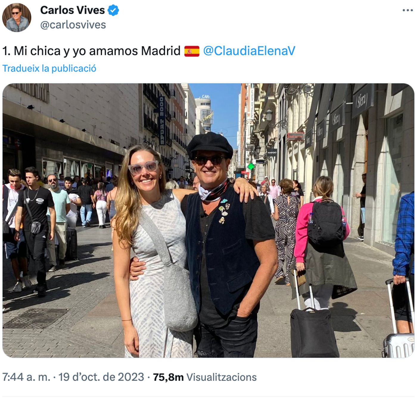 Carlos Vives: Madrid lo ama.<a href="https://twitter.com/carlosvives/status/1714880236767097321" target="_blank"> Ver tuit </a>